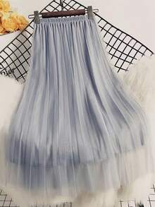 女士优雅褶裥网纱A字半身裙，适合休闲或办公场合穿着，简约优雅 | 涤纶网纱半身裙，四季必备单品，百搭春夏半身裙 - 淺灰色 - 查看 1