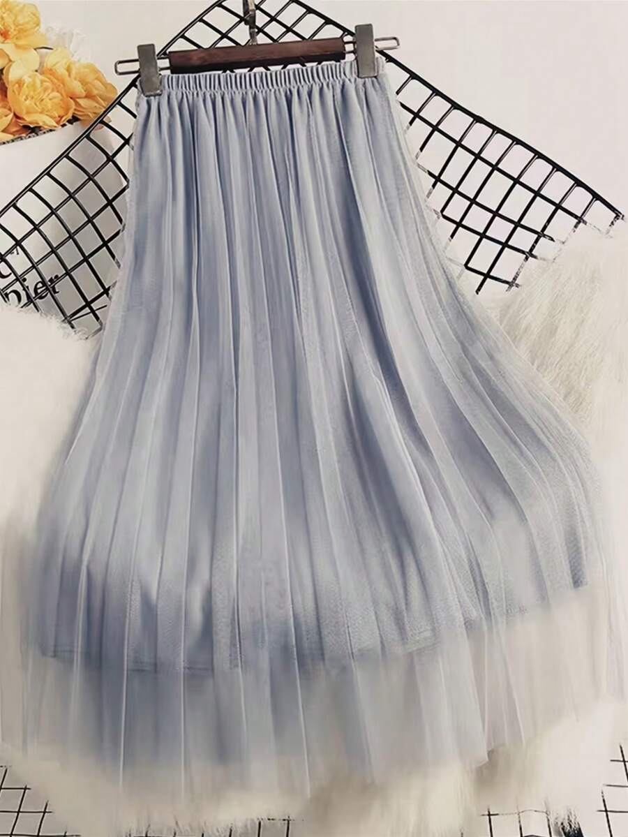 女士优雅褶裥网纱A字半身裙，适合休闲或办公场合穿着，简约优雅 | 涤纶网纱半身裙，四季必备单品，百搭春夏半身裙 - 淺灰色 - 查看 1