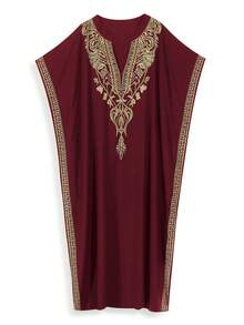 女士金色刺绣卡夫坦长裙 V 领波西米亚风沙滩罩衫侧开衩长袍度假装端庄家居服泳装 - 紅色 - 查看 2