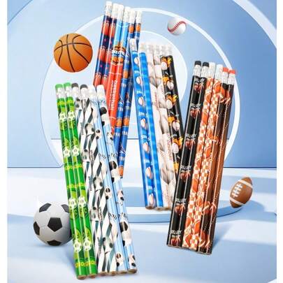12pcs/Set 2026 World Cup Football, Basketball, Baseball, Rugby Themed Pencils With Erasers, Student Stationery