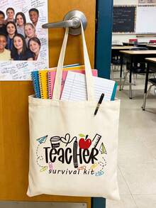 10/5/4/2pcs/1pc/Set Teacher Themed Canvas Tote Bag, Shopping Bag, Zipper Pouch, Appreciation Card, Apple Keychain Canvas Gift Set, Suitable For Back To School, Graduation, Teacher's Day, Multi-Purpose Shopping Bag, Book Bag, Stationery Pouch Set, Portable For SPA, Party, Gym, Travel, Cosmetic Organizer - Beige - View 7