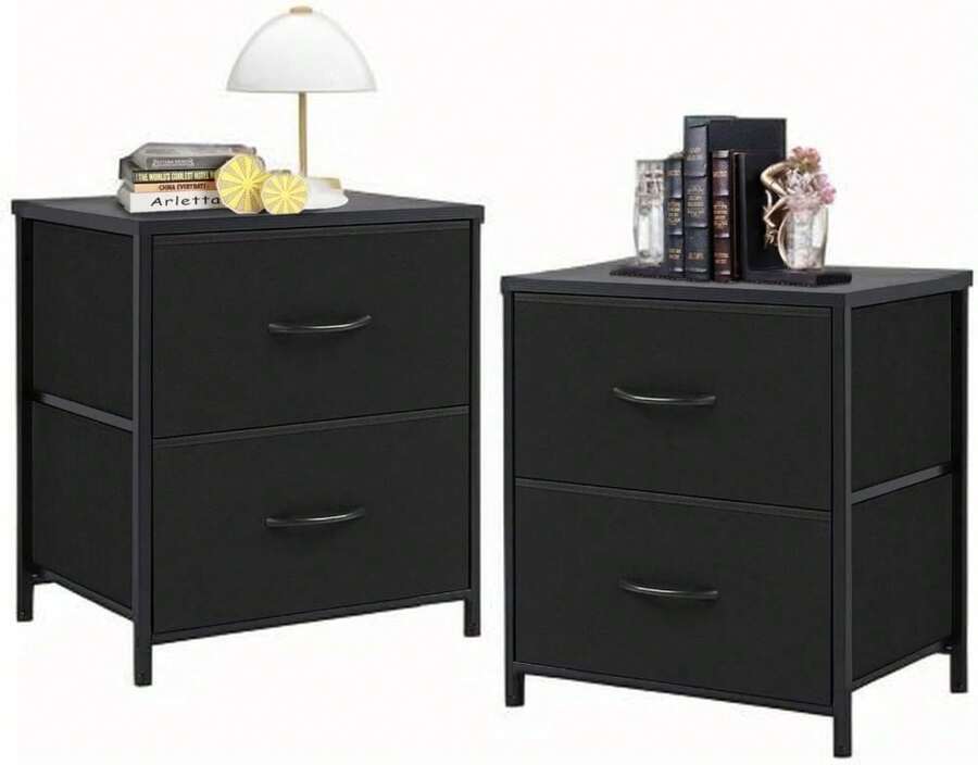 Set Of 2 Black Nightstands With 2 Drawers, Small Bedside Tables For Bedroom & Dorm - Black - View 1