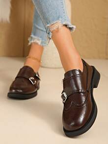 Women's New Fashion Thick Heel Loafers, French Mary Jane Shoes, Metal Buckle Shoes, Retro Round Toe Loafers, New College Style Business Formal Flat Shoes, Spring Autumn Fashion Metal Buckle Slip-On Shoes, Shoes, Black Versatile Slip-On Shoes - Brown - View 3