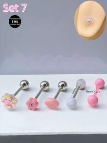 5pcs/Set Cute Sweet Pink Tongue Rings Flower Butterfly Bear Tongue Nail 14G Stainless Steel Star Heart Tongue Stud Tongue Jewelry Strawberry Tongue Barbell Ring Skull Tongue Piercing Jewelry For Women Girls Valentine's Day Gift Party Vacation Daily Wear Piercing Body Jewelry - Pink - View 12