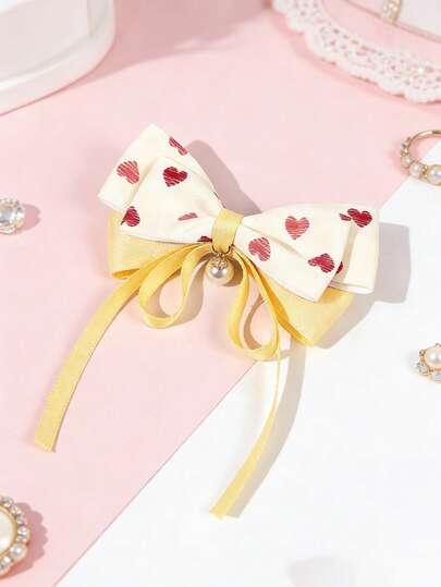 1pc Heart Print Pearl Pendant Bow Ribbon Hair Clip, Sweet Girl Cute Versatile Hair Accessory