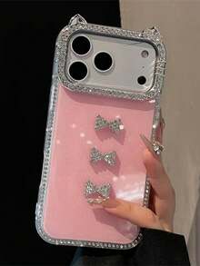 可爱3D水钻猫耳镜头保护闪亮蝴蝶结亮片手机壳，兼容 17 Pro Max、17 Pro、16 Pro Max、17、16、15 Pro Max、14 Plus、17 Air、13、12 Pro、11，奢华闪亮防摔后盖 - 粉色 - 查看 2