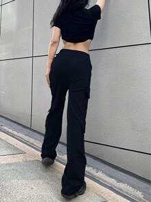 1pc Women's Loose Cargo Pants, Casual Multi-Pocket Drawstring Waist Maxi Trousers, Y2K Style - Black - View 4