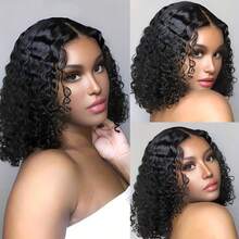 180% Density 13x4 Frontal Lace Wig Deep Wave Bob Wig Human Hair Invisible Pre Plucked Water Wave Bob Human Hair Human Hair Wig 10 To 16 Inch Basics Style Suitable For All Users Women - Natural Black - View 2