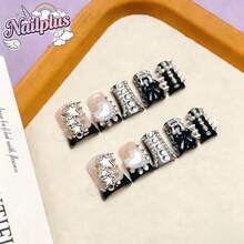 Nailplus 10pcs Y2K Nails Chic Duckbill Press On Nails Set,Handcrafted,Pink & Purple Gradient, 3D Rhinestone & Bowknot Decor,French Tips Style,Shiny Detail Pure Handmade Reusable Suitable For Women And Girls, Back To School Season, Parties, DIY Nail Art, Includes Tool Kit. Duck Nails. Handmade Press On Nails. Fake Nails. Nail Supplies - 彩色 - 查看 4