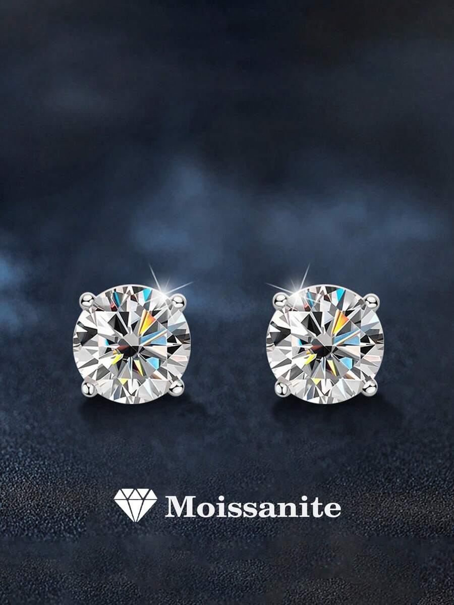 2pcs Luxury 925 Sterling Silver 0.5-1 Carat Moissanite Stud Earrings, Suitable For Women's Daily Wear, Commute, Party, Vacation, Birthday, New Year, Valentine's Day, Mother's Day, Wedding Anniversary, Engagement, Christmas Jewelry Gift - EH0147M - View 1