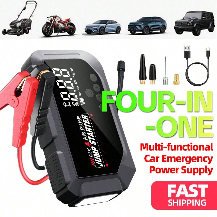 HUASHIJIE Portable Large-Capacity 12V 8000A Smart Emergency Car Jump Starter With Air Compressor, 28100mAh Multifunctional Emergency Flashlight, Power Bank, And Emergency Air Pump. Suitable For All Gasoline Vehicles And All Types Of Engines. Equipped With Electrical Connectors, Digital Display, Digital Tire Inflator, And USB And Type-C Fast Charging. - Portable Smart-Multi-Function - 查看 1