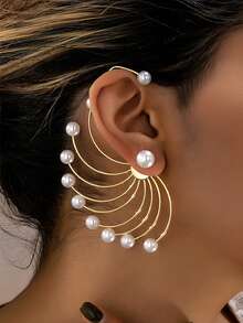 1pc Fashionable Faux Pearl Decorated Iron Wire Earrings, Suitable For Women's Party, Gathering, Banquet Attendance, Gift - Red - View 15