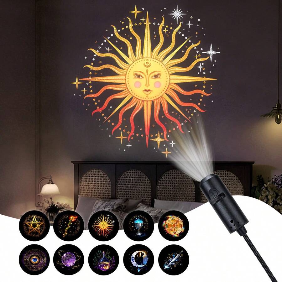 3/6/10颗LED投影灯 | 360°旋转，营造节日氛围，适用于墙壁、天花板、室内、卧室、复活节、斋月装饰，USB供电 - 黑色 - 查看 1