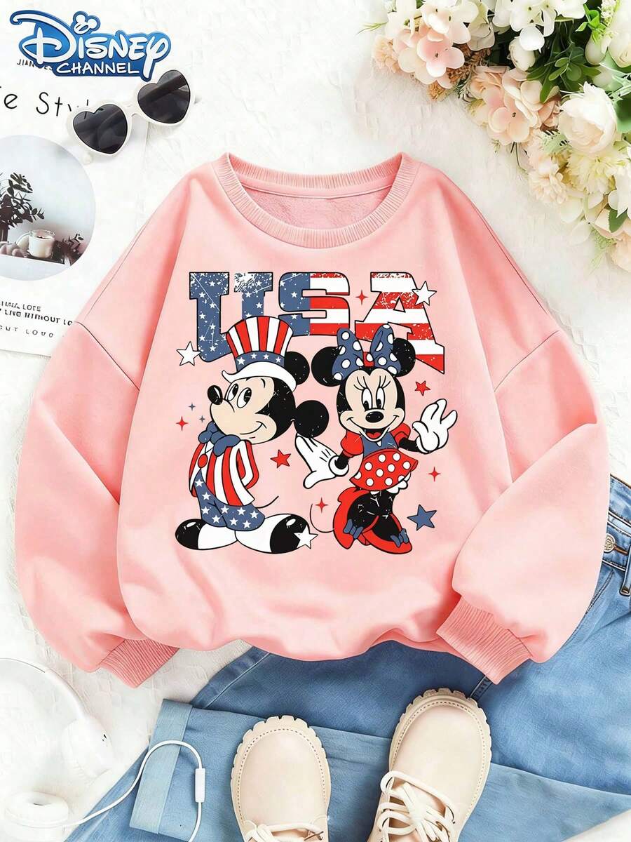 Disney This Soft And Warm Girls' Hoodie Features Mickey And Minnie Mouse In American Flag Colors, Making It Perfect For Everyday Casual Wear, Family Outings, And Other Occasions. - 粉色 - 查看 1