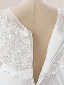 少女圆领仿亮片刺绣蕾丝亮片网纱优雅婚礼花童伴娘礼服，适合生日派对、舞会、晚宴等场合，不含头饰 - 白色 - 查看 10