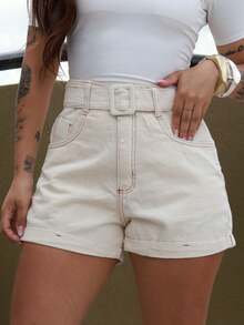 Women's Denim Shorts With A Covered Buckle Belt. - Champagne - View 1