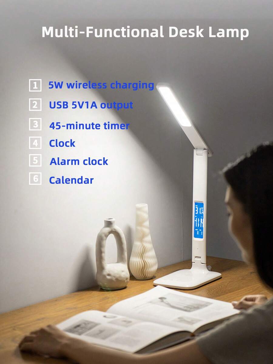 Đèn bàn tối giản sạc không dây 5W với chức năng hiển thị lịch và hẹn giờ 45 phút, phù hợp cho học sinh và người lớn (Chỉ hỗ trợ sạc không dây cho các thiết bị có khả năng sạc không dây)