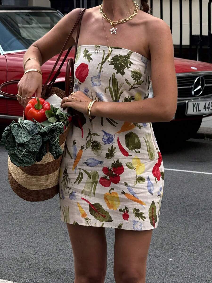 Just Masa 女士夏季休闲度假短款无肩带连衣裙，露背松紧腰修身水果蔬菜印花时尚可爱迷你连衣裙，适合海滩、度假、旅行、音乐节、约会、日常穿着，优雅时尚 - 杏色 - 查看 1