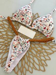 两件套波西米亚豹纹休闲优雅性感扎染钩边比基尼泳衣，沙滩度假，春夏款 - 彩色 - 查看 1