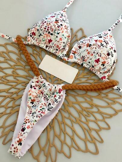 2pcs Bohemian Leopard Print Casual Elegant Sexy Tie-Dye Crochet Trim Bikini Swimsuit, Beach Holiday, Spring/Summer