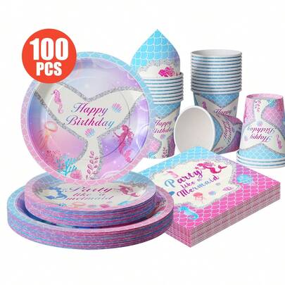 美人鱼尾巴主题生日派对一次性餐盘、餐巾纸、纸杯套装，可供25位客人使用，一次性纸盘适用于生日、婚礼、主题派对、家庭野餐等场合。