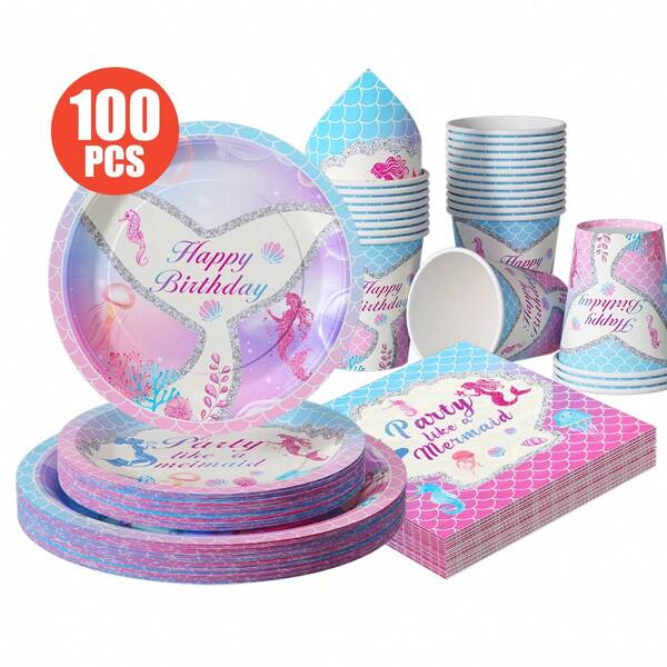 Denizkızı Kuyruğu Temalı Doğum Günü Partisi İçin Tek Kullanımlık Tabak, Peçete, Bardak Seti (25 Kişilik), Doğum Günü, Düğün, Temalı Parti, Aile Pikniği İçin Uygun Tek Kullanımlık Kağıt Tabaklar