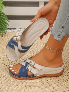 大码时尚新款双扣交叉米蓝色撞色坡跟舒适轻便一脚蹬凉鞋，适合度假、日常室内/室外穿着、海滩，母亲节礼物 - 米色拼藍色 - 查看 4