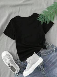 Girls' Casual Heart Print Round Neck Short Sleeve T-Shirt, Summer - Black - View 2