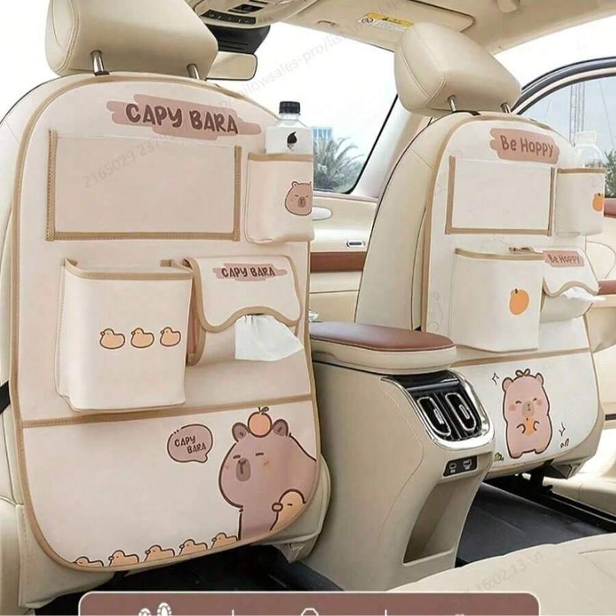 1 pieza Bolsa de almacenamiento colgante para basura de carro con diseño lindo de Capibara de dibujos animados, organizador de carro anti-patadas - A - Ver 1