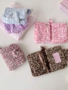 1pc Leopard Print Plush Snap Coin Purse, Cute Keychain Wallet, Student Card Holder - Multicolor - View 10