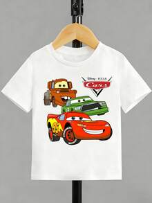 Disney White Background Cars Lightning McQueen Mater And Ramone Print Kids' Short Sleeve T-Shirt - Playful And Cute Racing Style Top - White - View 5