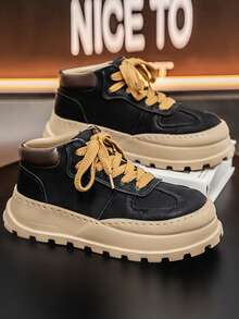 男士厚底耐穿舒适休闲运动鞋，PU皮革户外运动复古舒适男士滑板鞋，纯色拼接青年户外舒适男鞋 - 黑色 - 查看 4