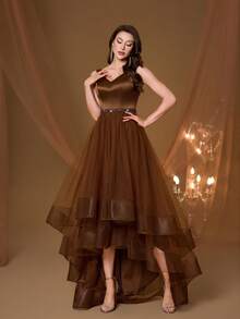 Đầm dạ hội dáng rộng thanh lịch cổ chữ V mới về của Mgiacy, đính ngọc trai và hạt cườm, chất liệu lưới, thích hợp cho mùa hè và đám cưới. - màu nâu - Xem 5