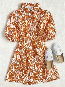 Casual Vacation Zebra Print Puff Sleeve Collared Button Down Dress For Introverted Women, Spring/Summer - Burnt Orange - View 2