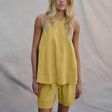 Women's 2 Piece Casual Matching Sets Sleeveless Tank Tops High Waist A Line Shorts Contrast Stitching With Pockets Summer Beach Outfit - 黃色 - 查看 5