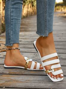 Women's Gold Strap Decor Multi-Strap Design Fashionable Flat Open Toe Slippers, Light Luxury Style Spring & Summer White Lychee Pattern PU Leather Sandals, Must-Have Valentine's Day Outfit Beach Vacation Shoes, Elegant Slip-On Sandals For Commuting & Daily Wear, Lightweight Summer Beach Travel Sandals, New Spring Summer Versatile Outdoor White Beach Slippers, Elegant Ladies Sandals - White - View 6