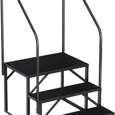 Outdoor Ladder With Dual Handrail, Black Steel Mobile Stair, Portable Staircase, With Anti-Slip Grip Design, 660 Lbs Capacity, For Camper, Pool, Hot Tub, Porch, Outdoor Travel