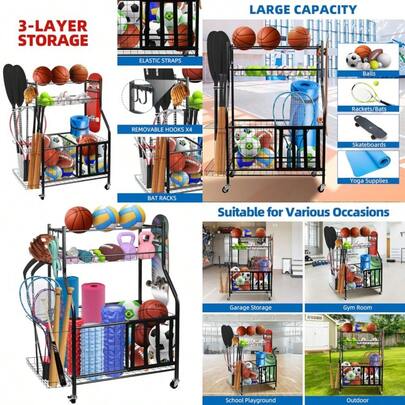 Gdshsdg YOUNITA Garage Sports Equipment Organizer Ball Storage Rack Garage Golf Organizer With Basket And Hooks Rolling Sports Ball Storage Cart For Toy Gear Storage 45.71 Inch
