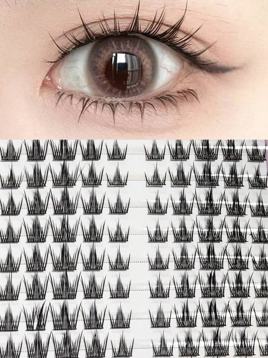 100 buc gene false cu aspect natural în formă de pene de păun, potrivite pentru machiaj facial fără machiaj, ondulate în formă de C - Negru - Vizualizare 1