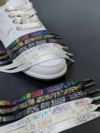 2pcs Flat Shoelaces - Golden Paisley Pattern, Compatible With Sneakers, Boots, Loafers - Elegant Shoe Laces For Men & Women - Durable Fashion Footwear Accessories (2pcs), Shoe Laces For Sneakers, Sneaker Accessories, Stylish Laces, Flat Lace Design