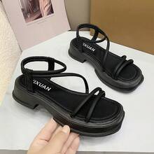 Sandalias de suela gruesa con talón de mujer Prendas de abrigo estilo hada para estudiantes Falda versátil con tacón grueso Nuevas sandalias romanas de moda para mujer para el verano Sandalias romanas con tiras cruzadas y tacón grueso para mujer - Negro - Ver 8
