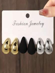 6件套时尚首饰，优雅简约的圈形耳坠，高光泽光滑弧形水滴设计，百搭合金耳钉，适合日常佩戴和送礼 - 无镶嵌，多种电镀款式 - 水滴形首飾 - 查看 5