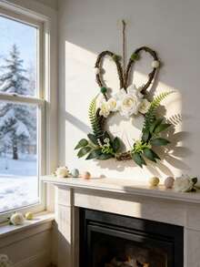 1 pieza Guirnalda decorativa de estilo nórdico y minimalista con forma de conejo de mimbre para decoración del hogar en Pascua y primavera, que mejora el ambiente festivo y aporta una sensación de frescura y naturaleza primaveral, decorada con flores y verdor, adecuada para pared, entrada o puerta (color pompón aleatorio) - Multicolor - Ver 2