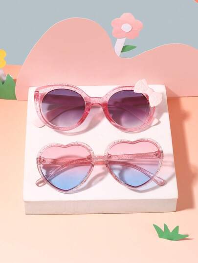 2pcs/Set 5-9Y Girls' Cat Eye Frame Butterfly Decor Heart Shaped Polycarbonate Shiny Fashion Sunglasses With Eyeglasses Case, Outdoor Travel