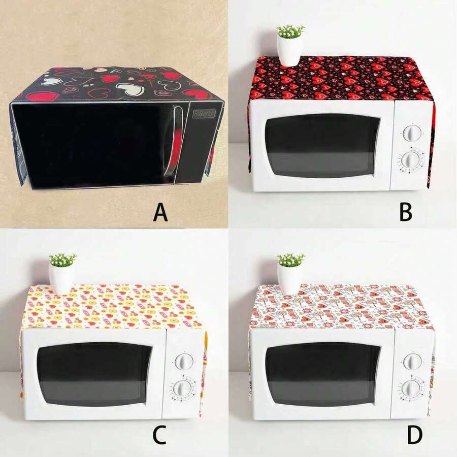 1pc Heart Printed Microwave Dust Cover, Decorative Dust Cover, Flat Printing, Linen Material, Non-Waterproof, With Side Pocket, Home Decor, Appliance Protection Decor, Easy To Use And Clean