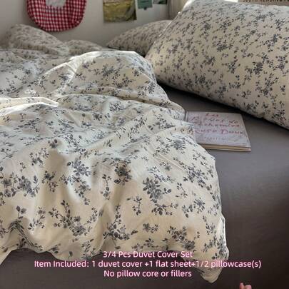 3/4件套田园风被套组，柔软轻盈水洗超细纤维床品，白色底灰色水彩花卉印花，花卉美学床品套装，拉链封口，防污易清洗（1个被套+1个床单+1/2个枕套，不含被芯）
