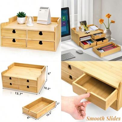 Bamboo Desk Organizer With Drawers, Small 3 Tier Desktop Drawers For Countertop, Mini Tabletop Storage Containers With Antiscratch Pads For Home Office Supplies Makeup, No Assembly Required