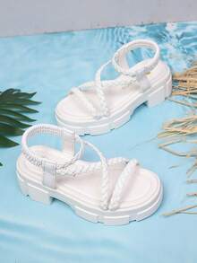 1双2026新款儿童舒适透气交叉绑带露趾松紧带平底踝带白色厚底凉鞋，适合夏季日常/海滩郊游、校园等场合。 - 白色 - 查看 4