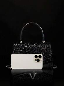 闪亮亮片女士晚宴手提包，奢华A字型派对包，优雅新款女士婚礼礼品包，配有闪亮水晶吊坠首饰套装，包括项链、耳环和手链，非常适合派对、舞会、晚宴和聚会。 - 黑色 - 查看 6