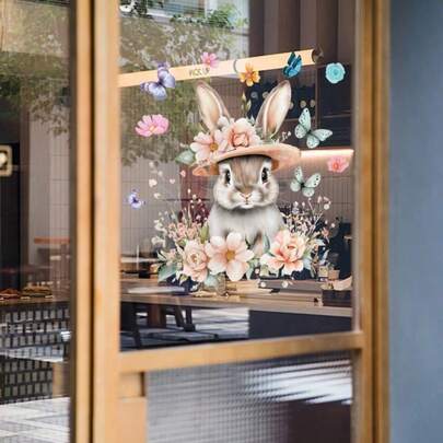 Rabbit, Floral, Butterfly Window Cling Decals, Double-Sided Transparent Glass Stickers, Window Decoration For Easter